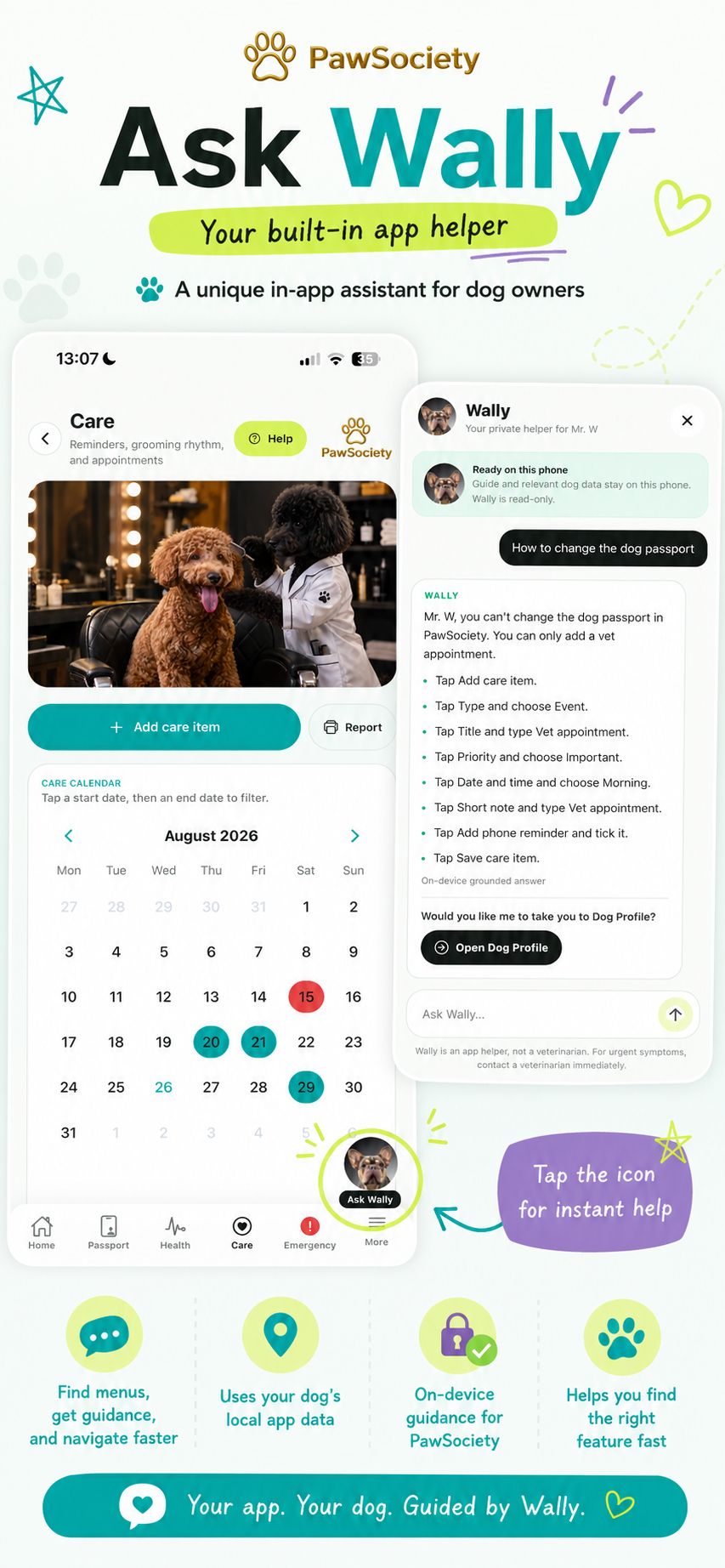 Wally, the PawSociety helper, answering a question inside the app