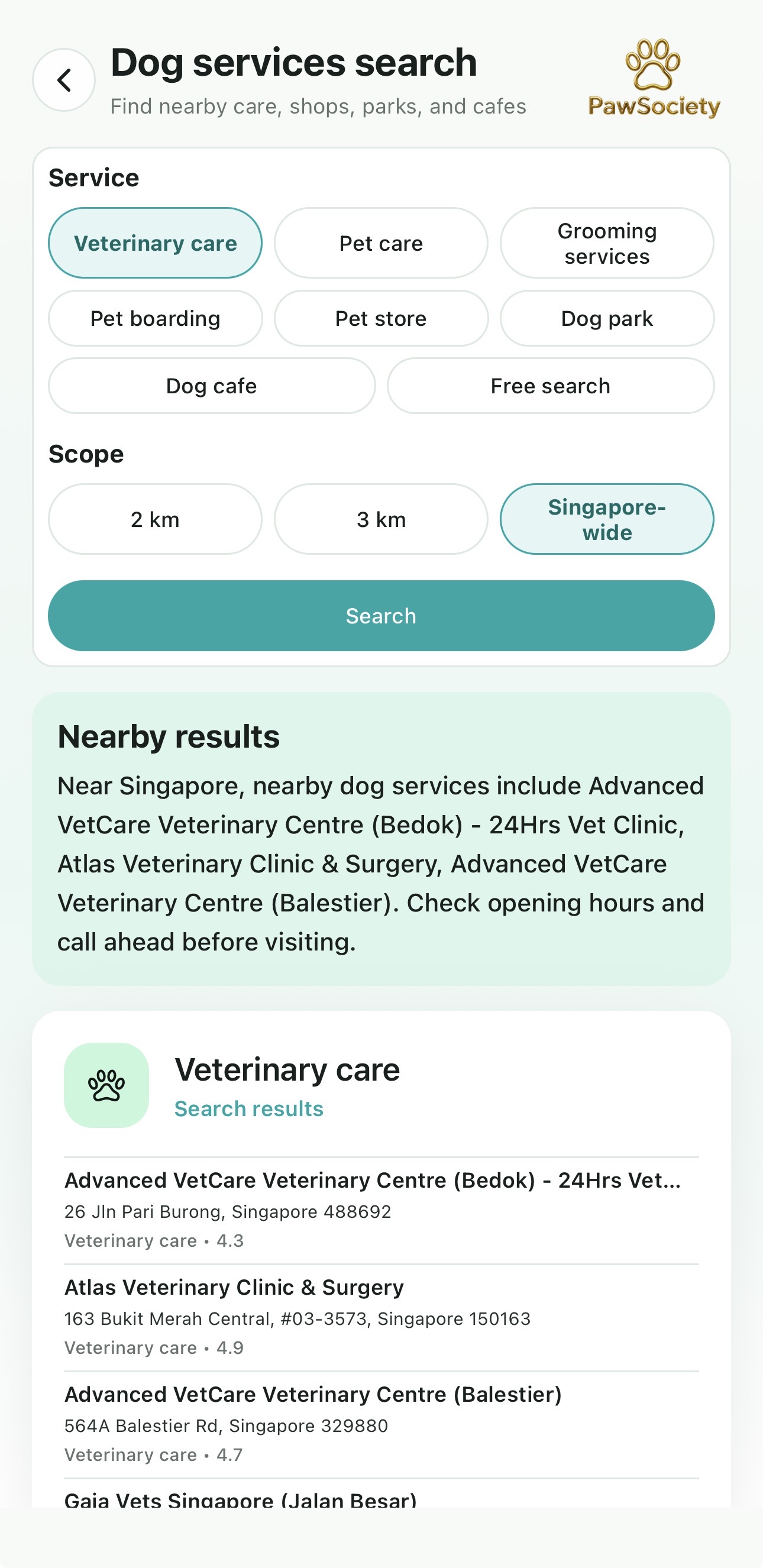 PawSociety dog services search